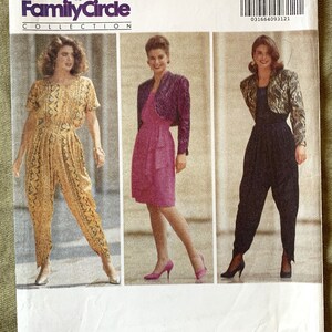 May include: A vintage sewing pattern for women's clothing, featuring three different styles: a jumpsuit, a dress with a cropped jacket, and pants with a cropped jacket. The pattern is from the Family Circle Collection and is labeled Butterick 5220, size 18-20-22.