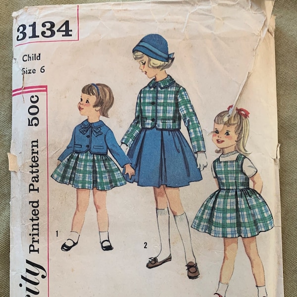 Vintage 1950's Simplicity Printed Pattern 3134, Child's Dress or Jumper and Jacket, CUT, Size 6