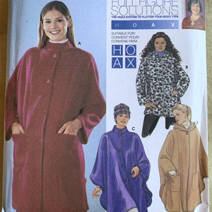 May include: Simplicity sewing pattern number 9892 for sizes 18W-24W. The pattern includes instructions for making four different styles of coats: a red coat with a collar and pockets, a leopard print coat with a zipper, a purple cape with a collar and buttons, and a tan cape with a hood and pockets. The pattern is labeled "Full Figure Solutions" and "Easy to Sew".