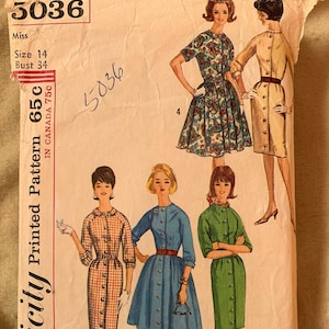 Vintage Simplicity Pattern 5036, Abito Misses, CUT, Miss Taglia 14, Busto 34