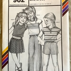 Vintage 1980&#39;s Stretch & Sew Pattern 982, Girls&#39; Cap Sleeve Top and Dress, UNCUT, Chest Sizes: 21-31