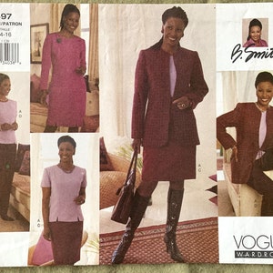 May include: A sewing pattern for a women's suit, featuring a jacket and skirt. The pattern includes multiple views, showcasing different styles and lengths. The cover displays images of the finished garments in shades of pink and burgundy. The Vogue Wardrobe pattern is size 12-14-16.