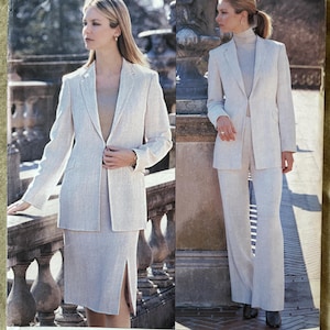 May include: A sewing pattern featuring two women modeling a light-colored suit. The suit consists of a blazer and either a skirt or pants. The pattern is labeled "2681" and includes the Anne Klein Vogue American Designer logo.