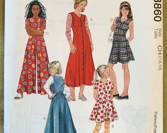 Vintage 1990&#39;s McCall&#39;s Pattern 8860, Girls&#39; Dress and Jumpsuit, Size CF (4,5,6), CH (7,8,10) or CJ (10,12,14)