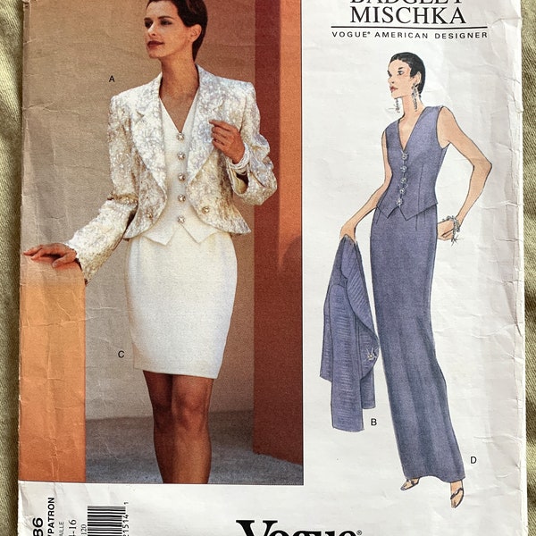 Vintage 1990's Vogue Pattern 1586, American Designer, Badgley Mischka, Misses' Jacket/Top/Skirt, UNCUT/FF, Size 12-14-16