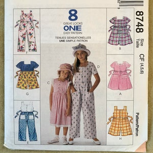 Vintage 1990&#39;s McCall&#39;s Pattern 8748, 8 Great Looks, 1 Easy Pattern, Girls&#39; Dress/Jumpsuit/Romper, Size CD (2,3,4) or CF (4,5,6)