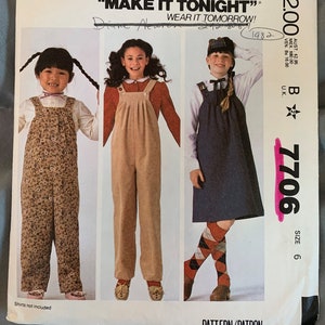 Vintage 1980&#39;s McCall&#39;s Pattern 7706, Children&#39;s Jumper and Jumpsuit, Size 6, Size 7, or Size 8