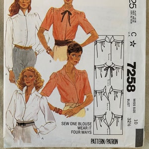 Vintage McCall&#39;s Pattern 7258, Misses&#39; Blouse, CUT, Size 10, Bust  32.5