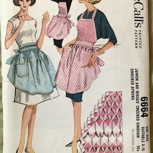 Vintage 1960&#39;s McCall Printed Pattern 6664, Juniors/Misses&#39; Checked Gingham Smocked Aprons, UNCUT, One Size (9-16)
