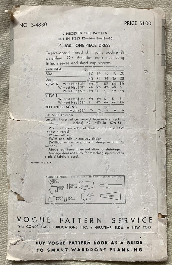 RARE Vintage 1940's Vogue Special Design Pattern 4830, Misses