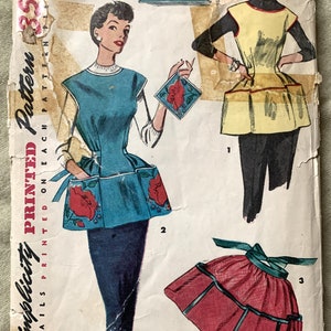 Vintage 1950&#39;s Simplicity Printed Pattern 4492, Misses&#39; Cobblers Apron/Half Apron/Pot Holder, CUT, Size Small (12-14)