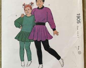 Vintage 1980's Kwik Sew Pattern 1905/1906, Girl's Tops/Skirt/Pants, UNCUT, Size 4-5-6-7 or Size 8-10-12-14