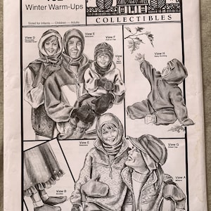 May include: A sewing pattern for winter warm-ups, including a hooded scarf, balaclava, pull-on cap, booties, neck gaitor, billed cap, mittens, and a baby bunting. The pattern is from Ann Person Collectibles and is sized for infants, children, and adults. The pattern is called "Winter Warm-Ups" and is number 192.