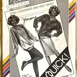 Vintage 1990&#39;s Stretch & Sew Pattern 5750, In-Ann-Instant, Leggings and Knit Skirt, UNCUT, Hip Sizes 32-48
