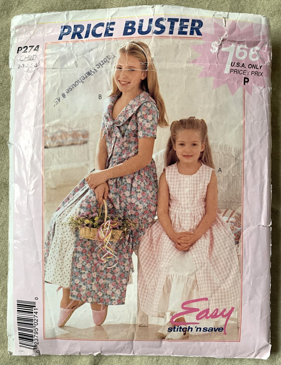 90’s Special Printed Cut Sew Vintage 1990's Easy Stitch 'n Save Pattern P274, Girls' Dress and