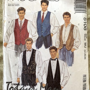 Vintage 1990&#39;s McCall&#39;s Pattern 5108, Men&#39;s Vest/Necktie/Bow Tie, CUT, Size MU (34,36,38)