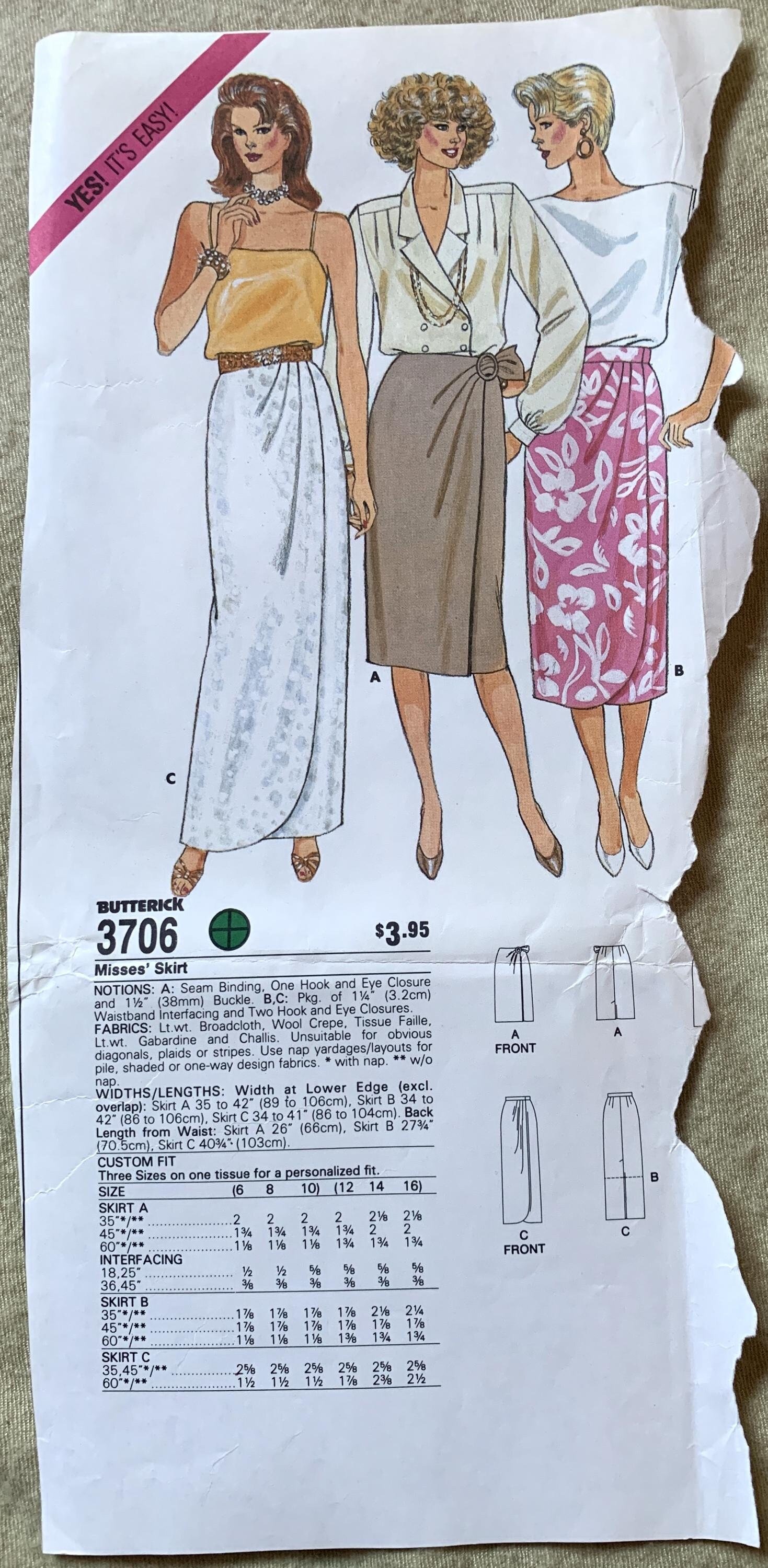 Vintage 1980's Butterick Pattern 3706, Yes! It's Easy, Misses' Skirt, UNCUT/FF, Size 6-8-10