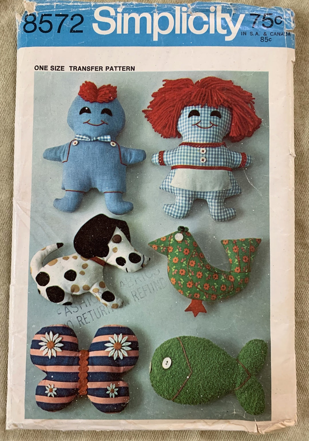 Vintage 1960's Simplicity Pattern 8572, Stuffed Toys Transfers, CUT