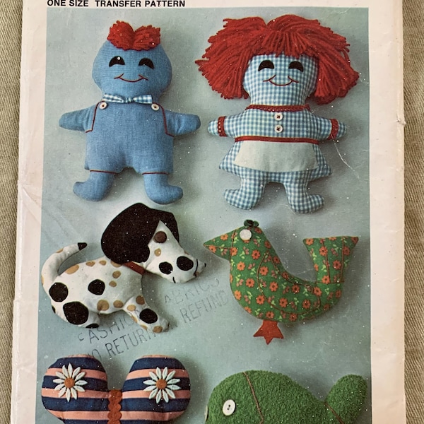 Vintage 1960's Simplicity Pattern 8572, Stuffed Toys Transfers, CUT, Size 9" and 11"