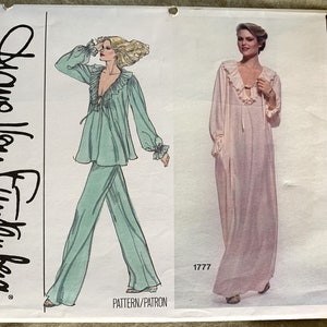 May include: Vogue American Designer sewing pattern for a long, pink nightgown and a green pajama set with pants and a top. The pattern is by Anne Klein. The pattern number is 1777.