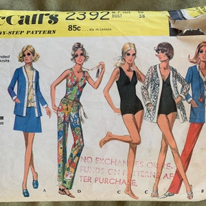 Vintage McCall&#39;s Pattern 2392, MISSES&#39; PETITE Swimsuit/Jacket/Pants/Skirt, CUT, Size 16, Bust 38