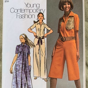 May include: A vintage sewing pattern for a young contemporary fashion design. The pattern includes a midi-length vest and a pair of wide-legged pants. The pattern is from Simplicity and is size 14, bust 36.