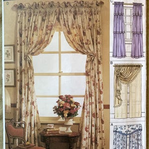 May include: A sewing pattern for curtains, featuring four different styles. The main image shows a window with floral curtains, while the other three images show different curtain styles, including a ruffled style, a swag style, and a valance style. The pattern is designed by Susanna Stratton Norris and is for Vogue patterns for living.