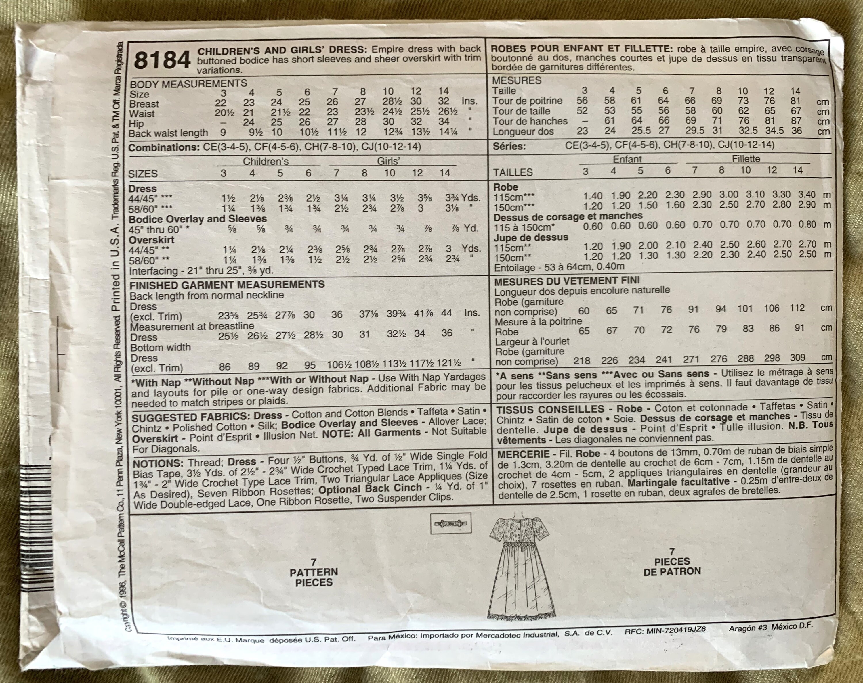 Vintage 1990's Mccall's Pattern 8184, Memories by Jo Lene, Girls' Dress ...