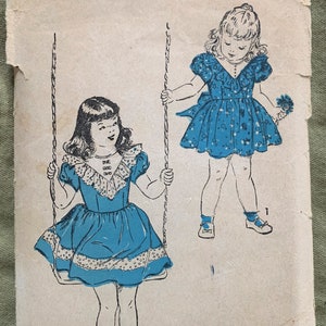 May include: Vintage sewing pattern for a blue dress with white trim. The pattern is for size 8, with a 26 inch bust. The pattern is called "Advance" and is numbered 4371.