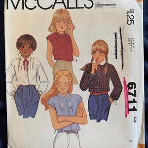 Vintage McCall&#39;s Pattern 6711, Uncut, Girls&#39; Blouses, CHILD Size 4