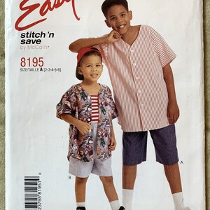 May include: A sewing pattern for boys' shirts and shorts. The pattern is called "Easy stitch 'n save" by McCall's and the pattern number is 8195. The pattern includes two different styles: a striped shirt with shorts and a patterned shirt with shorts. The pattern is for sizes 2-3-4-5-6.