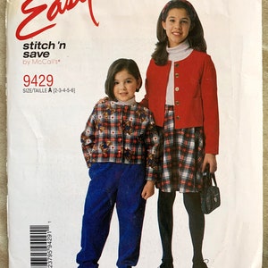 Vintage 1990&#39;s Easy Stitch &#39;n Save Pattern 9429, Girls&#39; Jacket/Pants/Skirt, UNCUT, Size A (2-3-4-5-6)