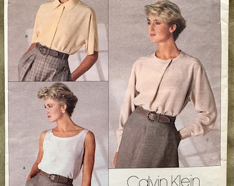 Vintage 1980's Vogue Pattern 1860, Diseñador Americano, Calvin Klein, Top y Blusa de Misses, UNCUT/FF, Talla 10