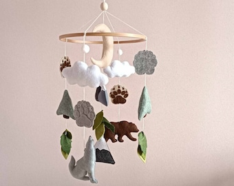 Woodland baby mobile for crib, Howling wolf mobile baby, Bear mobile for nursery, Baby shower gift, Mountains mobile baby