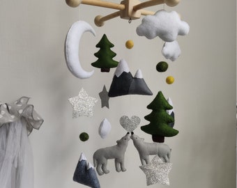 Wolf nursery mobile, Woodland mobile, Mountains baby mobile, Baby boy mobile, Forest mobile animals