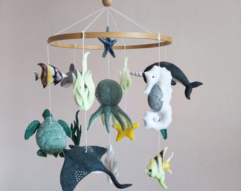 Ocean baby mobile. Nautical baby mobile. Ocean baby mobile with Narwhal, Jellyfish, Turtle, Stingray fish, Shark, Starfish and Puffer fish