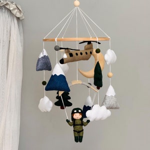 Chinook helicopter baby mobile, Military nursery decor, US army paratrooper parachute mobile for crib, Baby shower gift