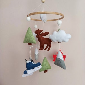 Woodland baby nursery mobile, Hockey skates nursery decor, Mountain mobile for crib, Baby shower gift, Pregnancy gift