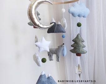 Wolf baby mobile, Wolf nursery mobile, Forest animals mobile,  Woodland mobile crib, Mountain wolf mobile