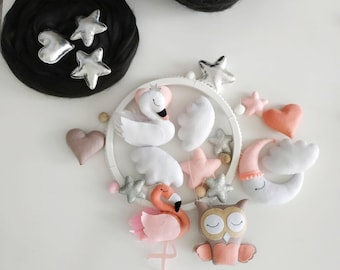 Pink Swan Flamingo Mobile, Girl Nursery Decor, Baby Shower Gift