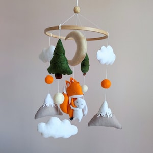 Woodland baby mobile, Crib baby mobile with sleepy fox, Mountain mobile baby, Nursery decor, Baby shower gift