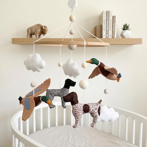 Hunting Dog Baby Mobile with Mallard Duck, Felt Pointer Dog Nursery Decor