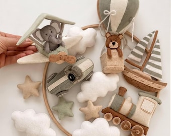 Nursery Mobile: Vintage Travel Theme - Teddy Bear & Felt Toys