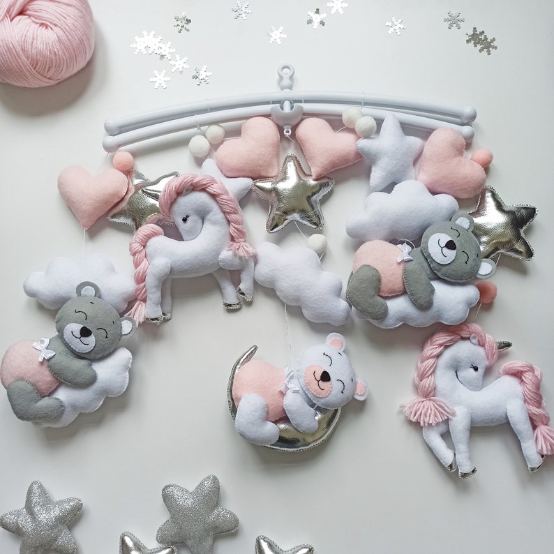 Baby Girl Mobile Unicorn Baby Shower Nursery Grey Bear Mobile Etsy