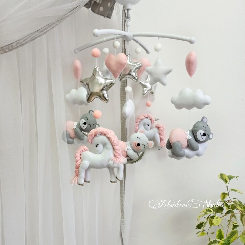 Baby Girl Mobile Unicorn Baby Shower Nursery Grey Bear Mobile Etsy