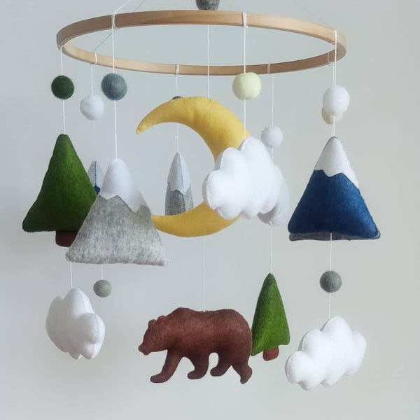 Woodland Baby Mobile, Felt Forest Animals, Bear, Mountain Nursery Decor