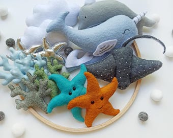 Mobile bébé Océan, Narval en feutrine, Baleine, Dauphin, Décoration de chambre d'enfant