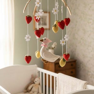 Goose Baby Mobile with Strawberries Daisy and Lemons, Felt Fruit Nursery Decor