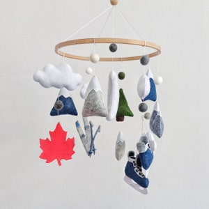 Skis baby mobile, Hockey skates nursery, Baby first Christmas gift, Canada mobile, Mountain nursery mobile, Baby shower gift