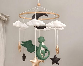 Dragon Baby Mobile for Crib, Neutral Colors with Clouds and Stars